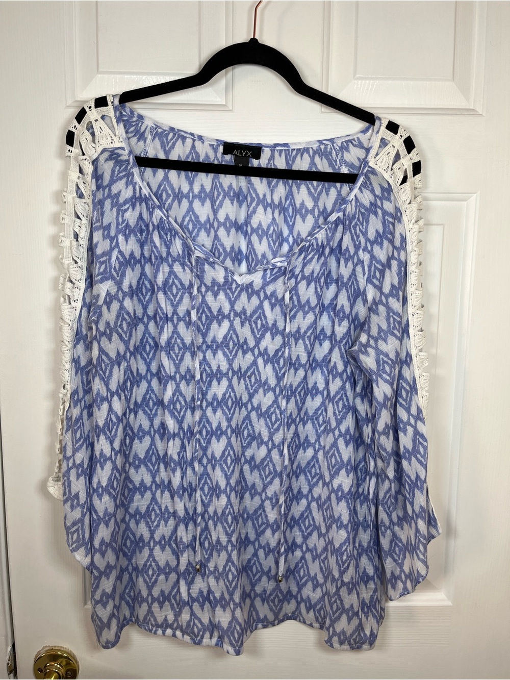 Alyx Light Blue Ikat Crochet-Trim Women's Blouse